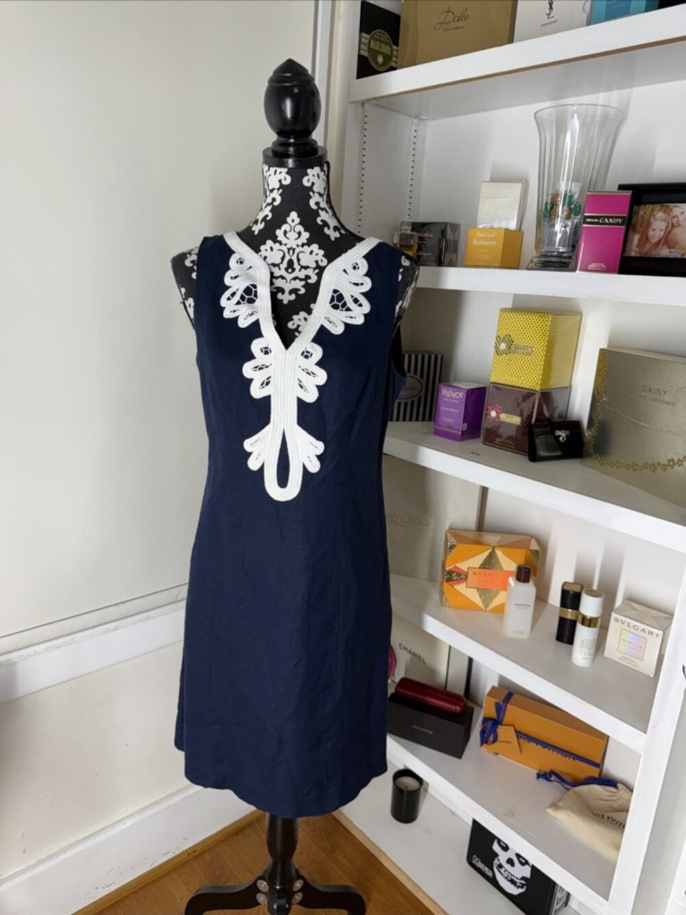 Eliza J Women's Sleeveless Sheath Dress, Size-8 Navy With White Embellishment